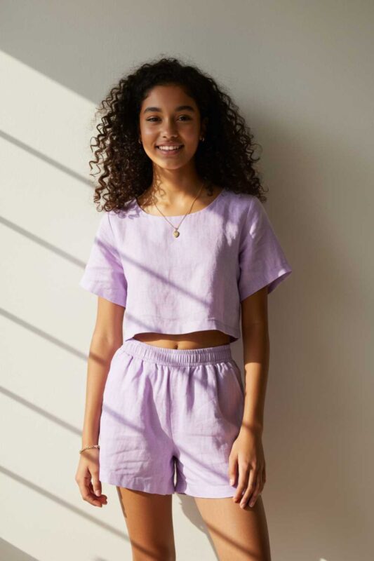 Teen wearing matching lavender two-piece summer set.