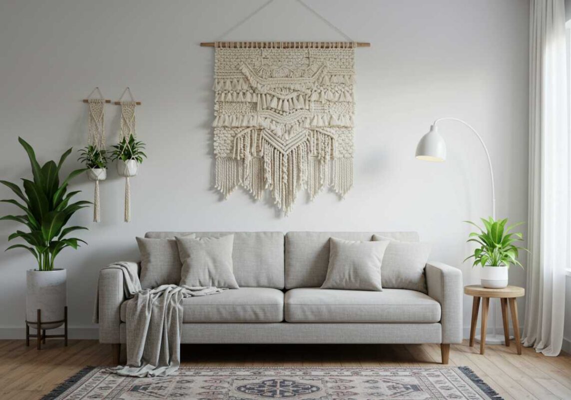 Contemporary living room with cream-colored woven wall hangings and macramรฉ decorations.