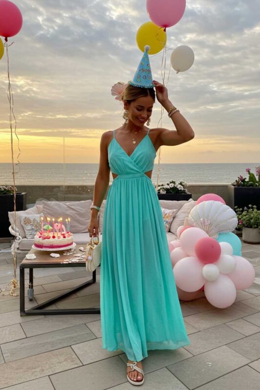 Woman in a flowing aqua blue maxi dress with cutout details, styled with shell accessories for a summer birthday.