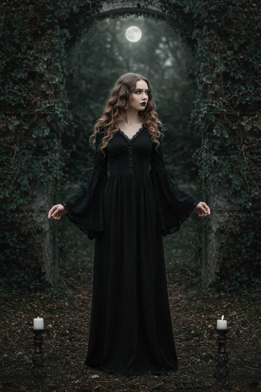 Romantic goth dress with flowing sleeves and lace details in garden setting.