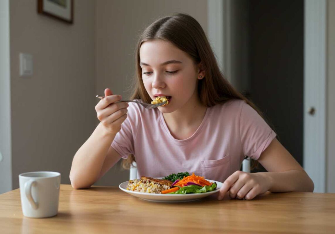 Teenage girl eating mindfully at a table with a balanced, colorful meal and no distractions.