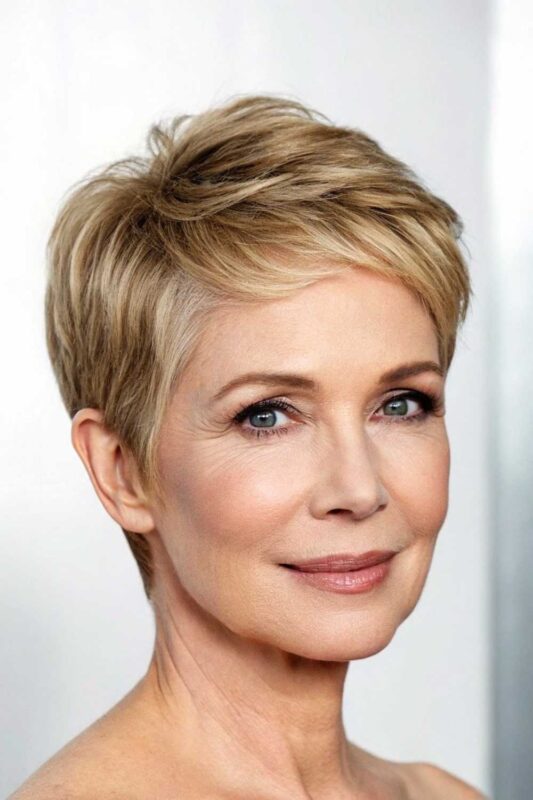 A mature woman with a classic crop hairstyle.