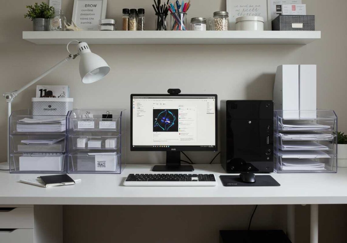 Organized home office desk with clear storage containers, cable management, and designated spaces for supplies.