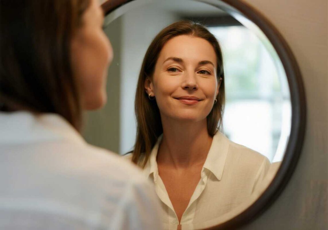 Woman looking at herself in mirror with gentle, accepting expression, representing self-compassion.