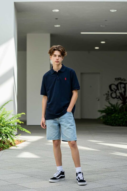 Teen boy in oversized polo shirt and light-wash jorts summer style.