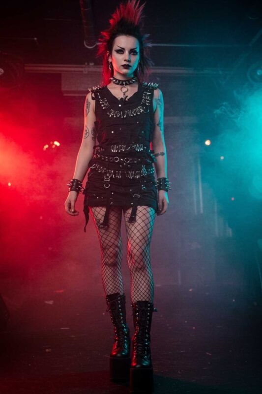 Punk goth outfit with DIY elements, studs, and layered fishnets.