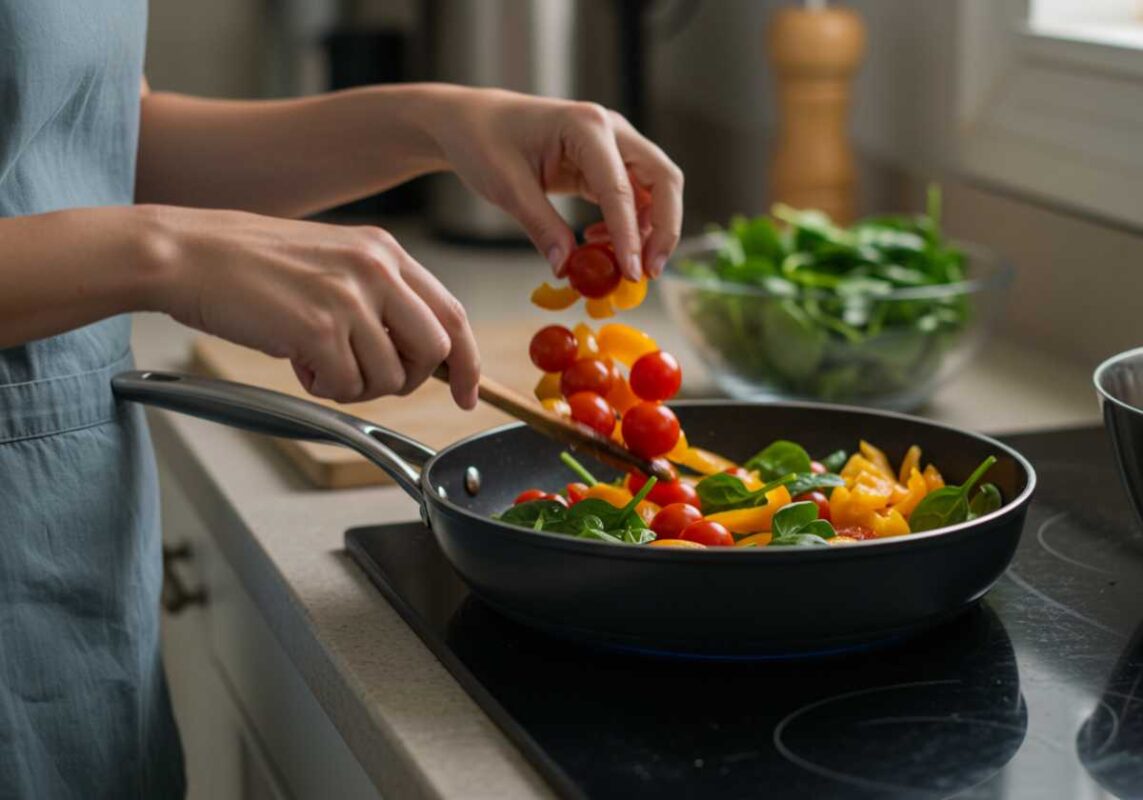 Hands adding colorful vegetables to a cooking pan, demonstrating healthy meal enhancement.