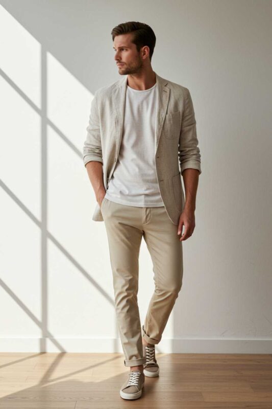 Man wearing light linen blazer with rolled sleeves and white t-shirt for summer casual outfit.