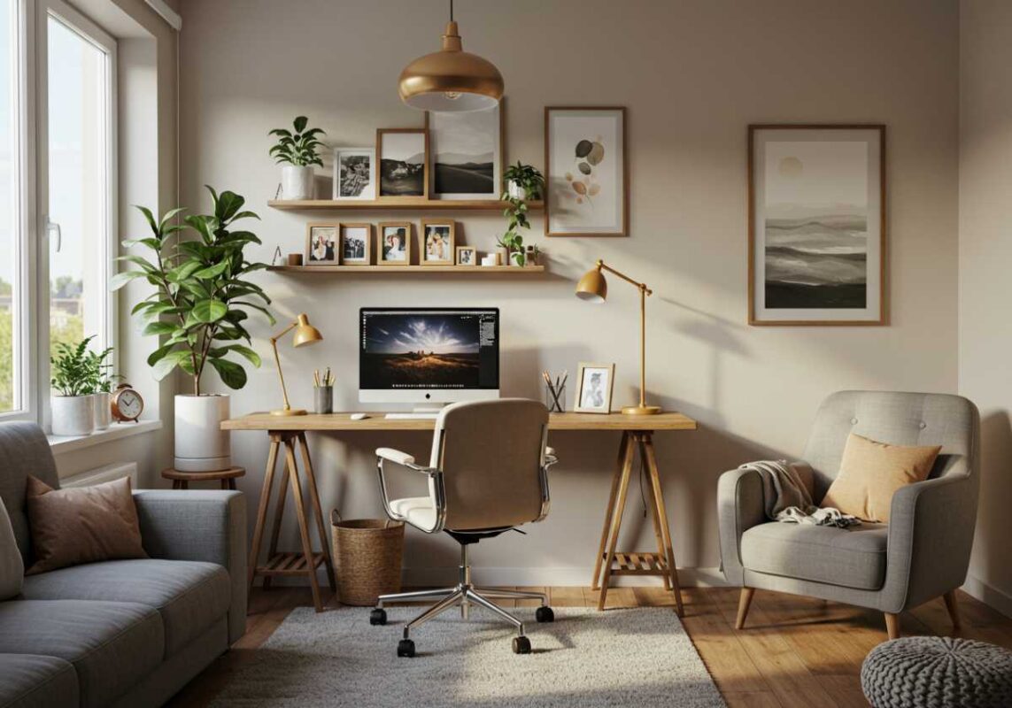 Personalized home office space with plants, photos, artwork, and cozy comfort elements.