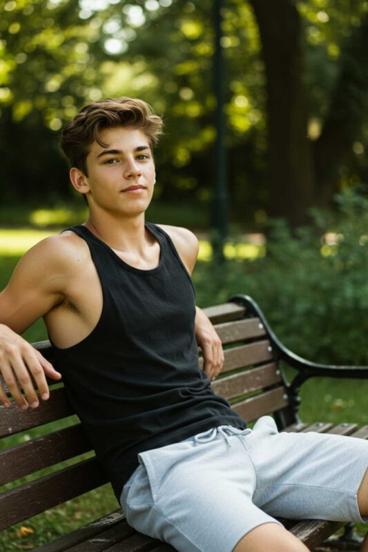 Teen boy wearing tank top and jogger shorts comfortable summer outfit.