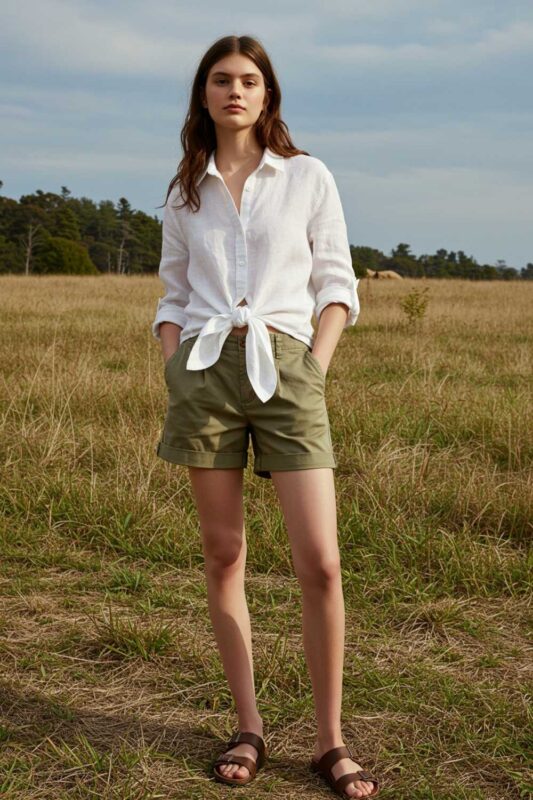 Teen wearing tied button-down shirt and casual shorts summer look.