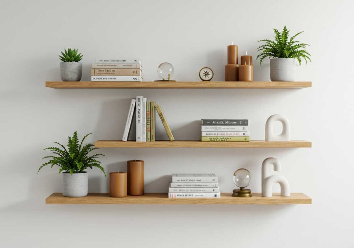 Wooden floating shelves with books, plants and decorative accessories on white wall.