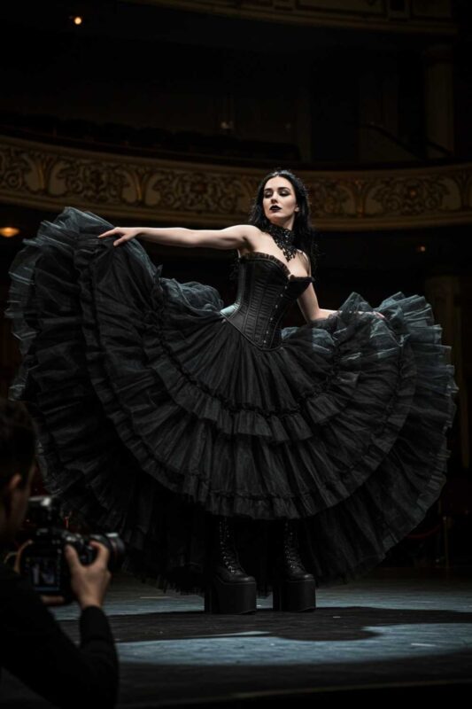 Gothic ballerina outfit with black tulle skirt and fitted corset.