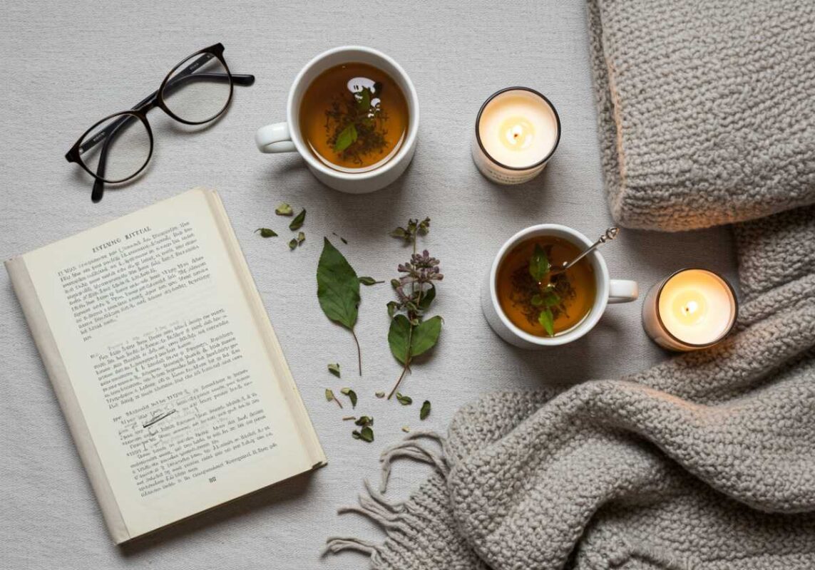 Flat lay of evening ritual items including book, tea, blanket and candle, representing self-care routines.