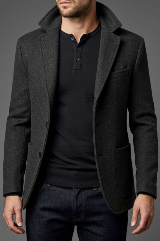 Man demonstrating winter layering with blazer over a long sleeve henley shirt.