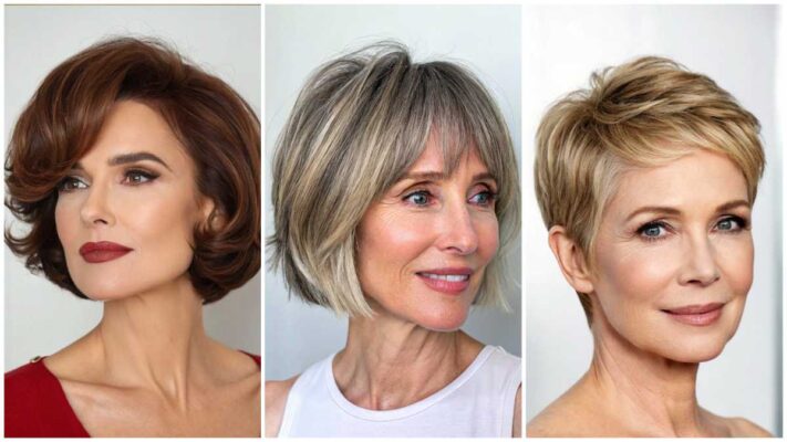 Collage of three mature women with romantic bob, bixie, and classic crop hairstyles.