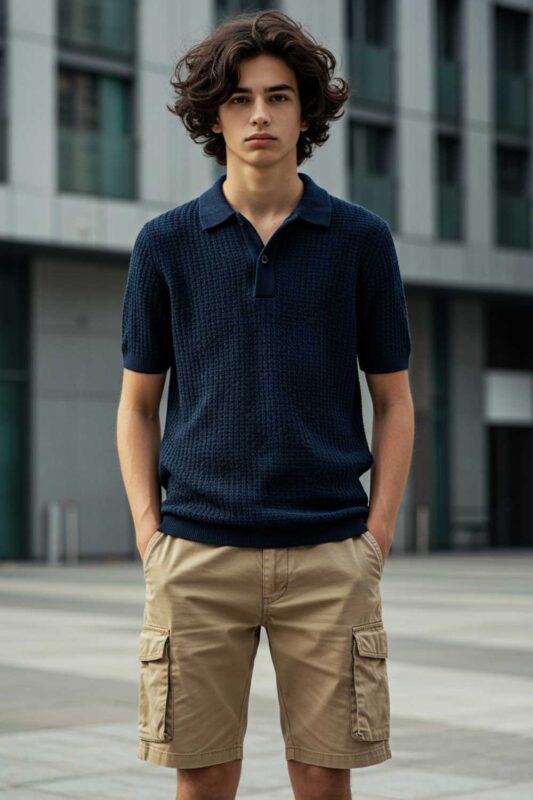 Teen boy in knitted polo shirt and cargo shorts textured summer look.