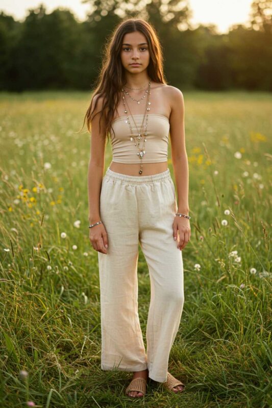 Teen in tube top and flowing wide-leg pants boho summer outfit.