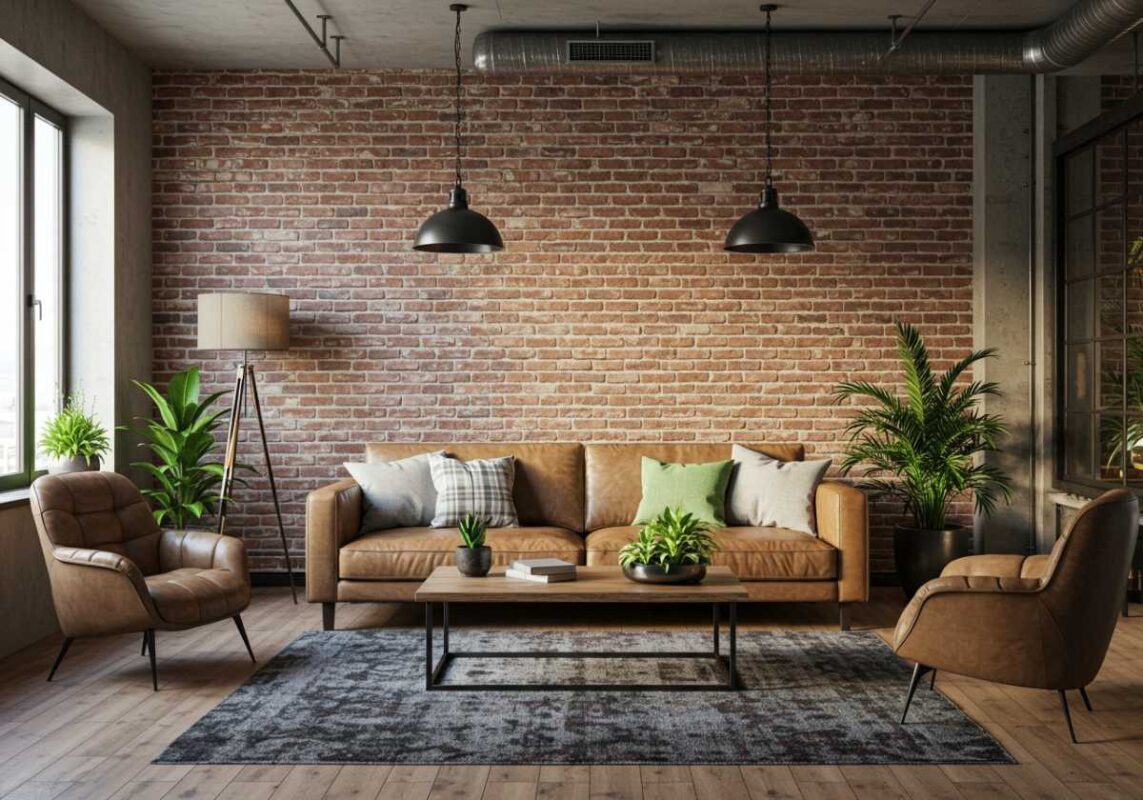Industrial living room with exposed brick accent wall, leather furniture, and green plants.