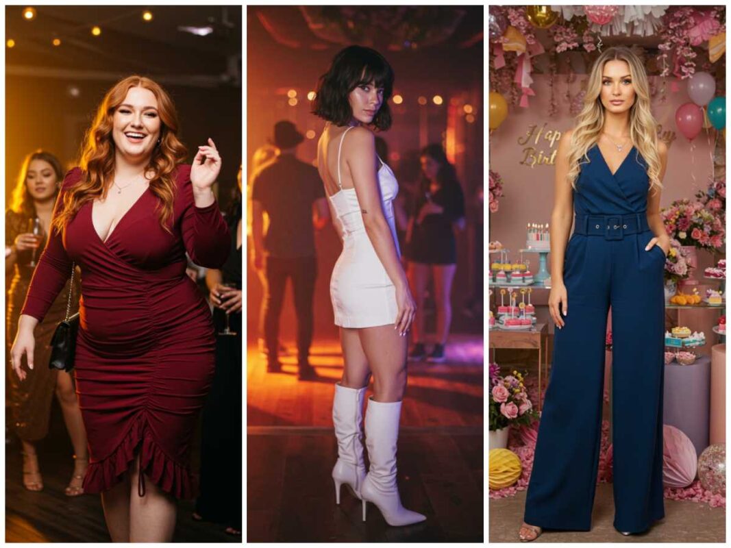 Three women with different body types wearing flattering birthday outfits tailored to their figures.