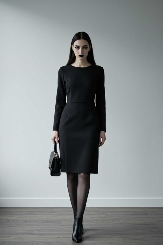 Minimalist goth outfit featuring sleek black dress and clean styling.