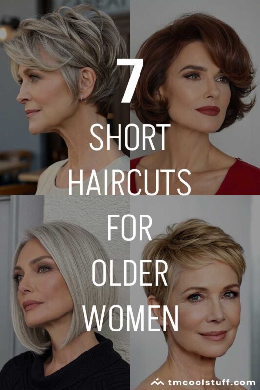 Collage of four mature women with chic pixie cut, romantic bob, sleek a-line bob, and classic crop hairstyles.