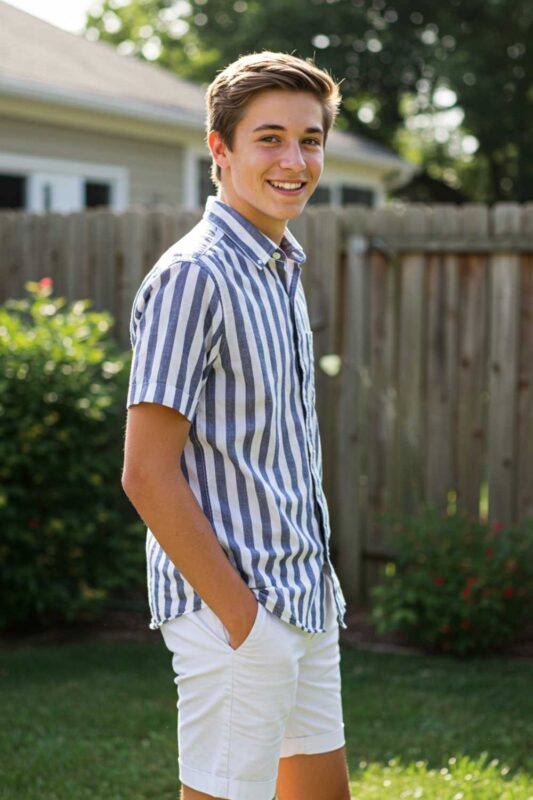 Teen boy wearing striped button-up shirt and white shorts classic summer outfit.
