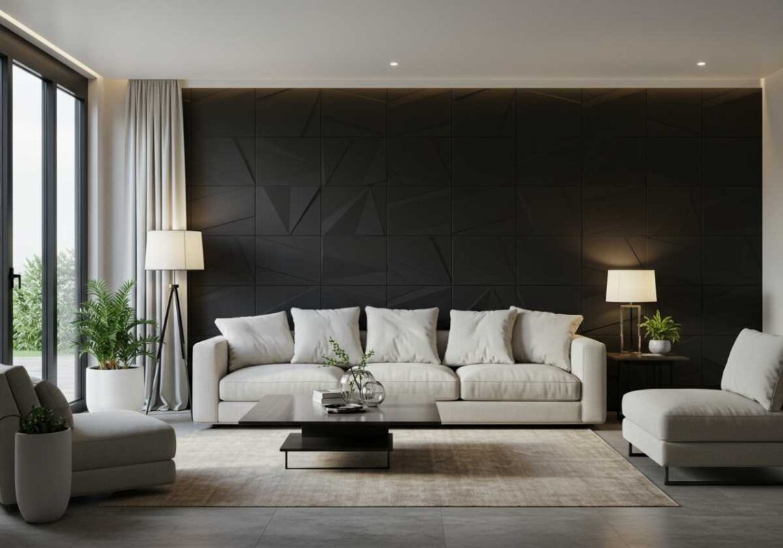 Geometric 3D wall panels creating textured accent wall with dramatic shadows in modern living room.