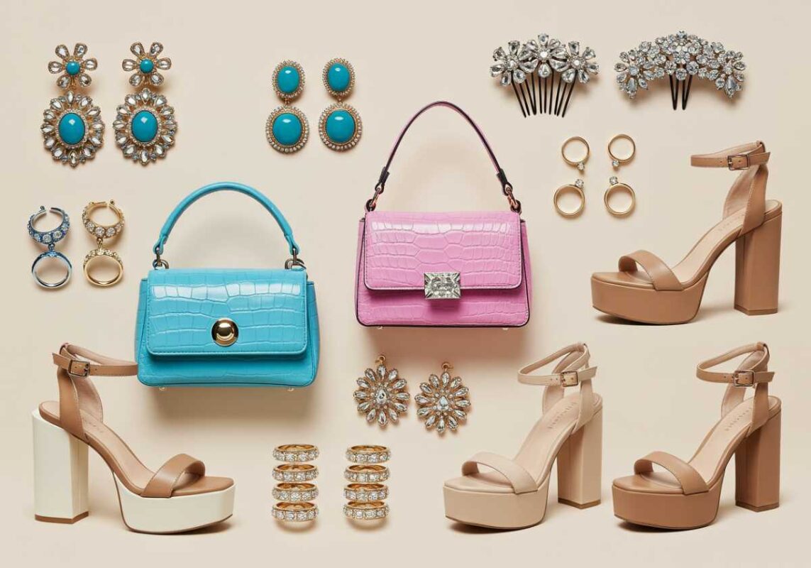 Flat-lay arrangement of birthday accessories including statement jewelry, trendy bags, and stylish shoes.