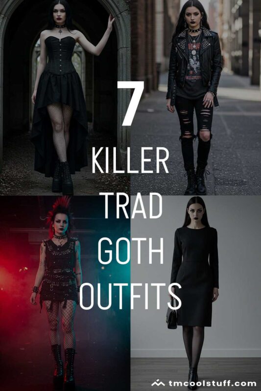 Collage showing various traditional goth outfit ideas for women.