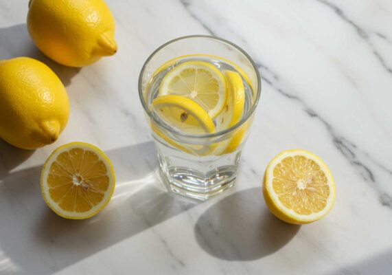 Glass of lemon water with fresh lemon slices on marble countertop with whole lemons.