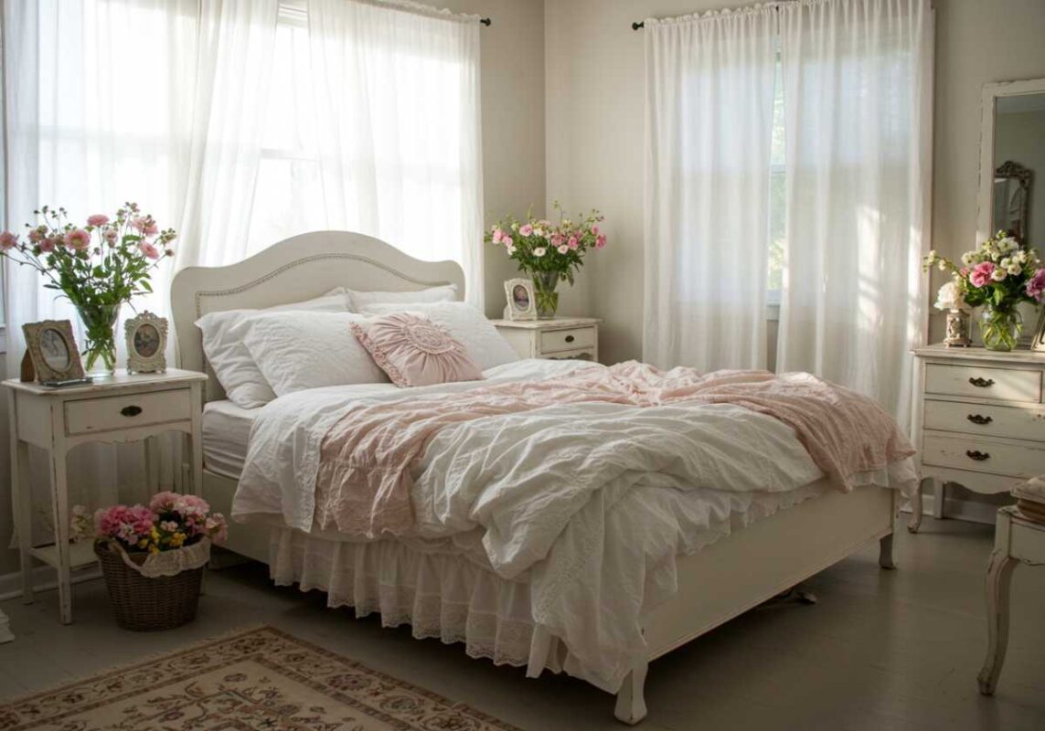 Shabby chic bedroom with distressed white furniture, layered linens, and soft natural lighting.