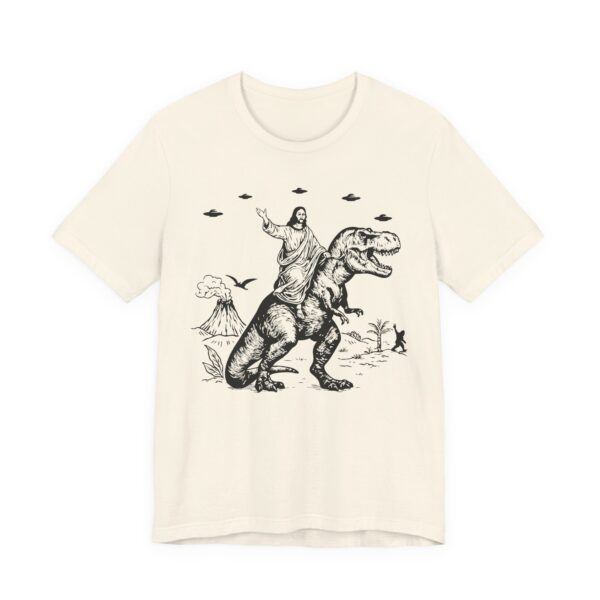 Funny Jesus Riding Dinosaur with UFO, Bigfoot and Pterosaur T-shirt