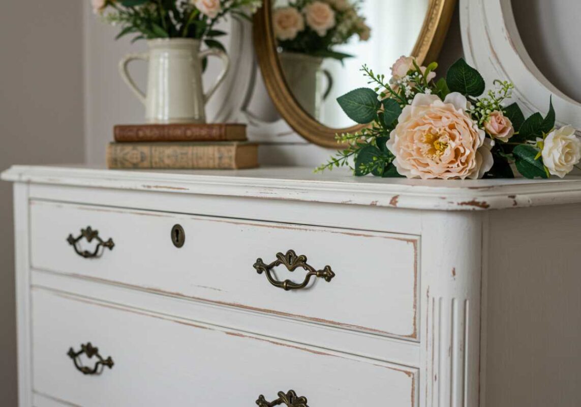 White distressed vintage dresser with brass handles and weathered paint finish.