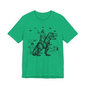 Funny Jesus Riding Dinosaur with UFO, Bigfoot and Pterosaur T-shirt