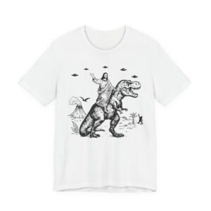 Funny Jesus Riding Dinosaur with UFO, Bigfoot and Pterosaur T-shirt