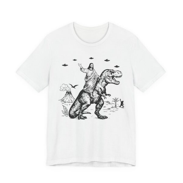 Funny Jesus Riding Dinosaur with UFO, Bigfoot and Pterosaur T-shirt