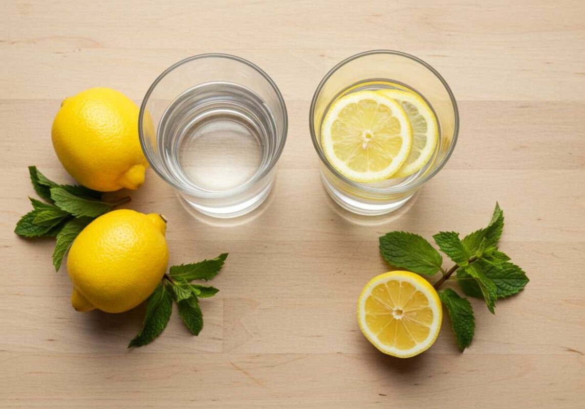 Glasses of plain water and water with lemon slices.