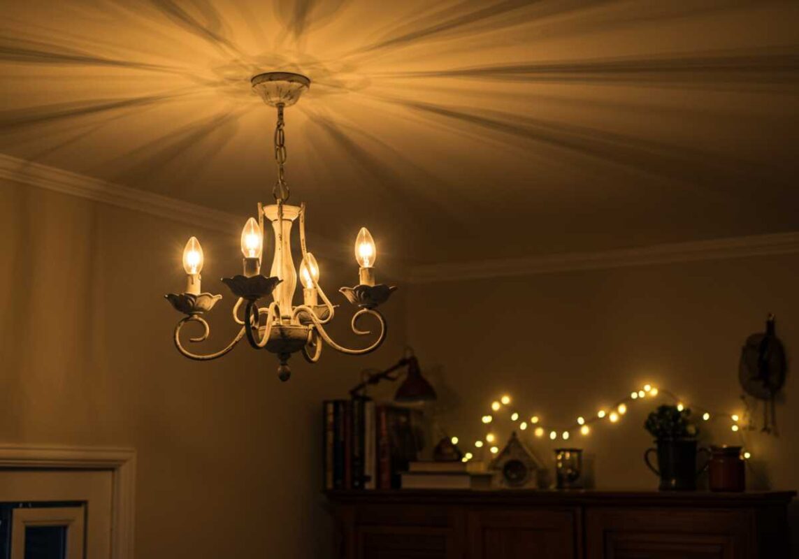 Small vintage white chandelier creating warm ambient lighting in bedroom corner.
