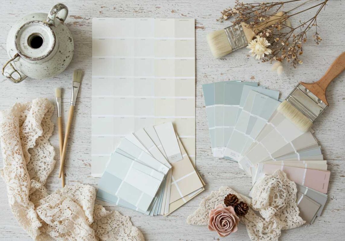 Shabby chic color palette featuring soft whites, creams, and pale pastels with vintage styling.