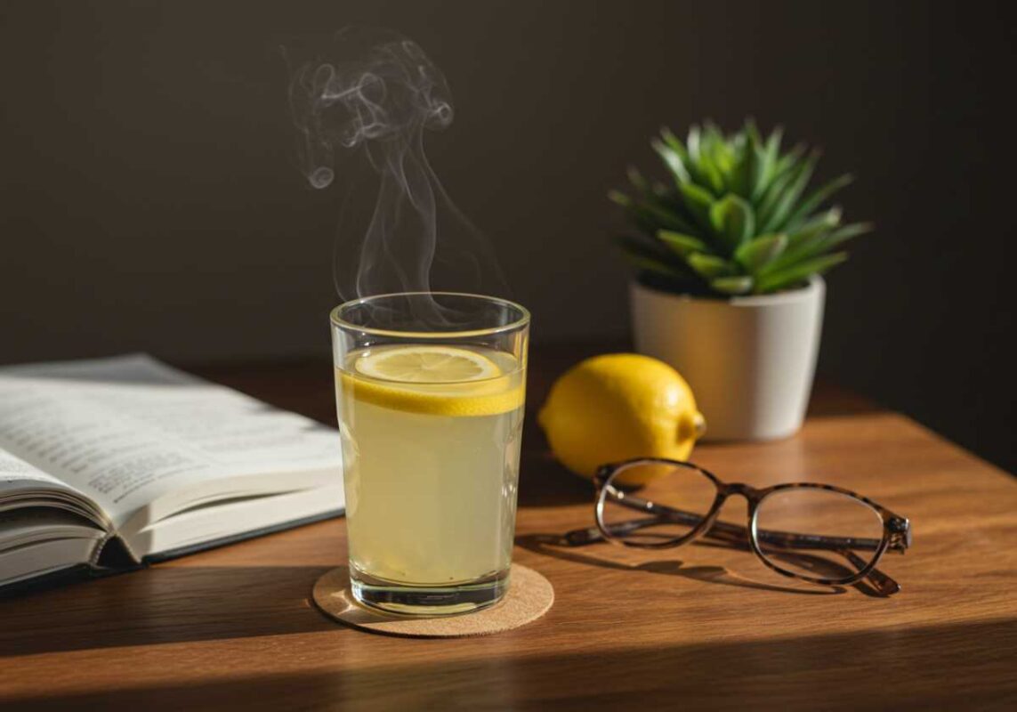 Warm lemon water on table with journal in cozy morning setting.