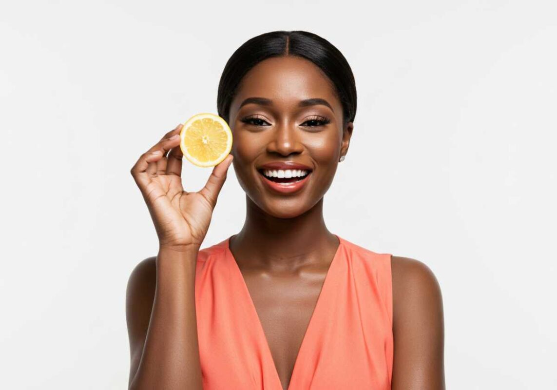 A woman with a lemon slice.