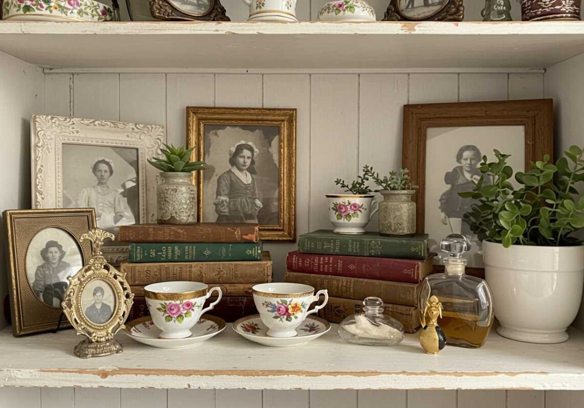 Collection of vintage treasures including ornate frames, antique books, and porcelain pieces.