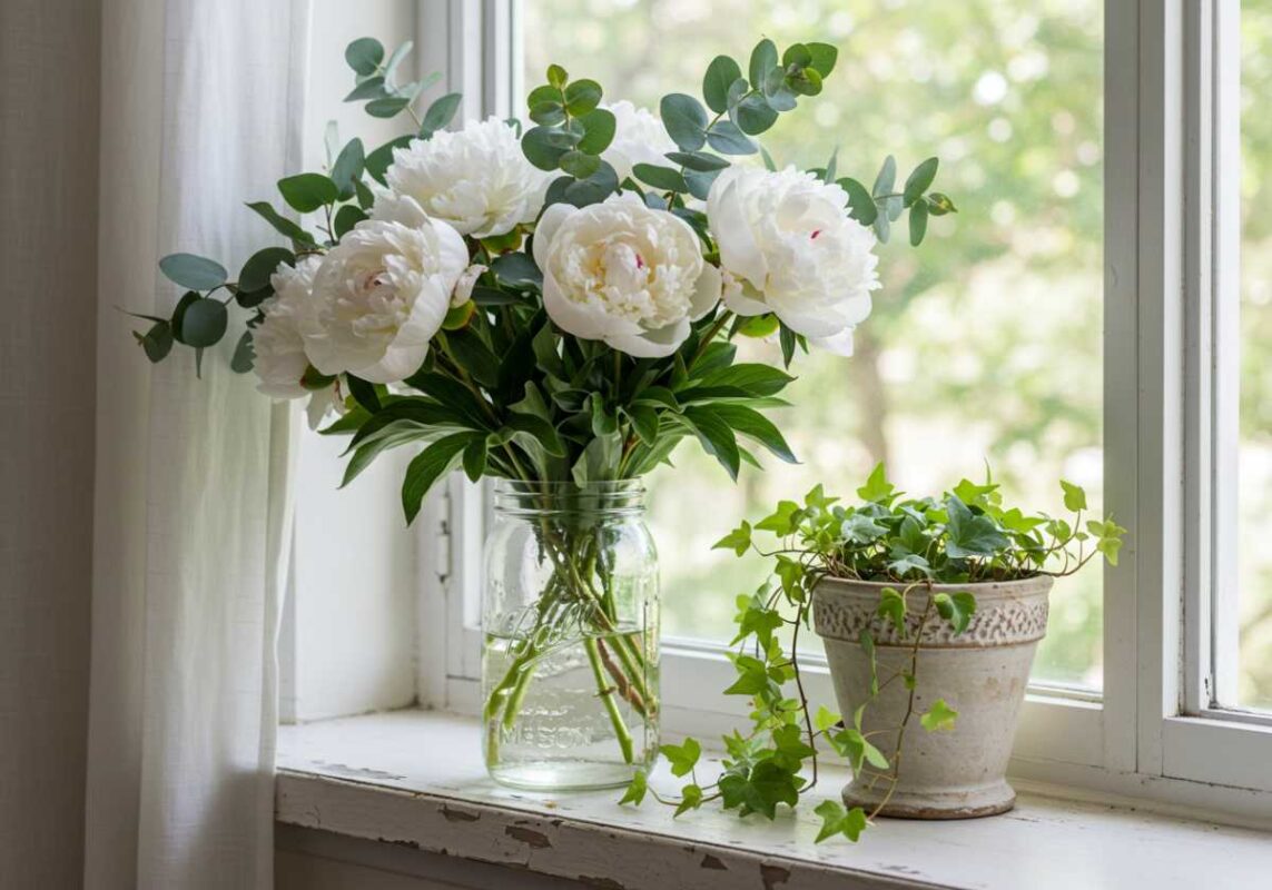 White peonies in vintage mason jar with trailing ivy plants on windowsill.