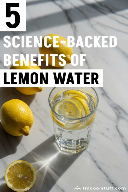 Pinterest image with text overlay showing lemon water benefits with scientific backing.