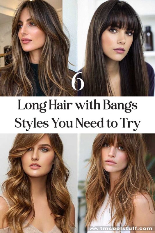 Pinterest collage showing different long hair with bangs styles.