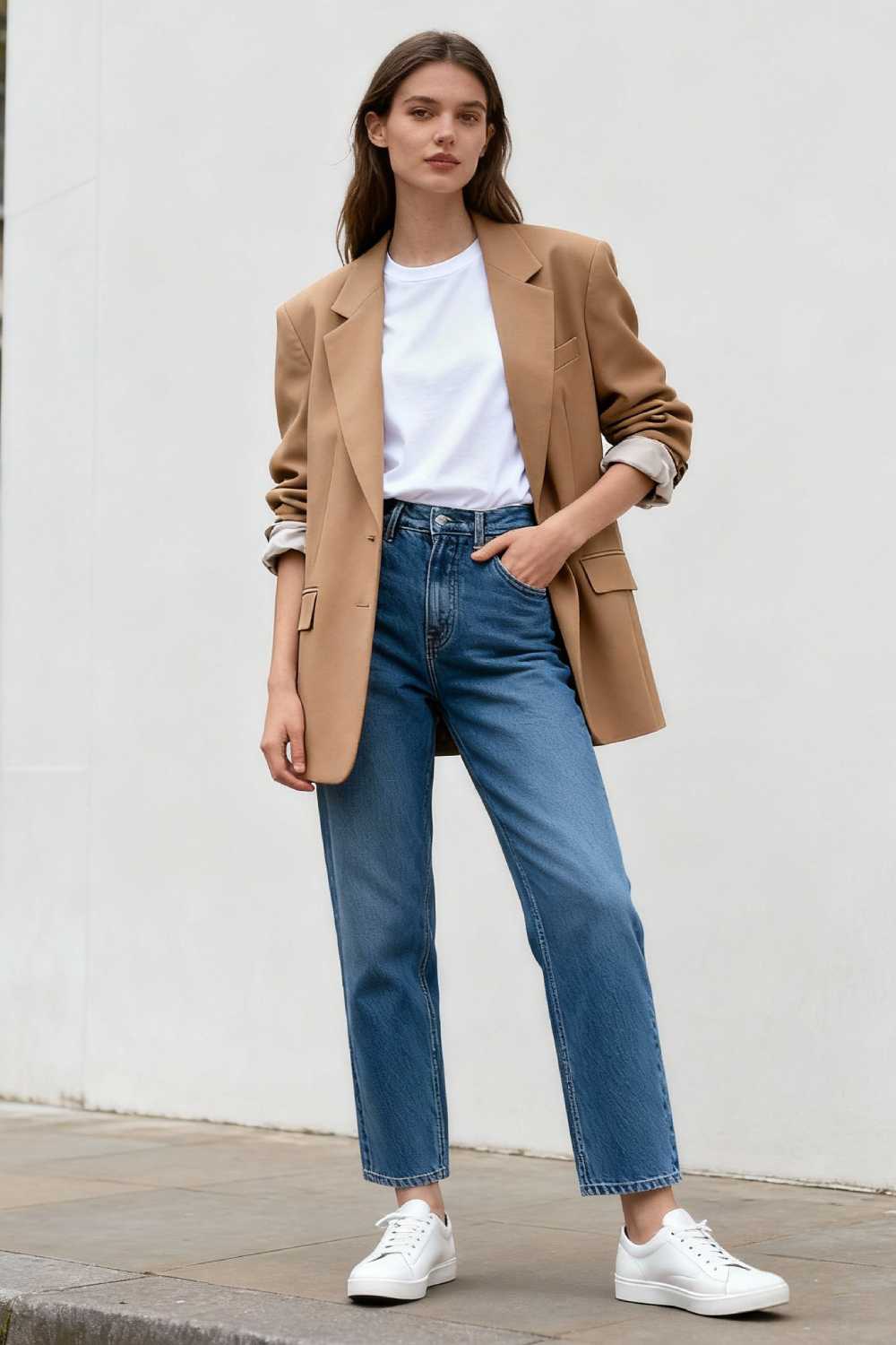 Fashion model wearing oversized camel blazer with white tee and straight-leg jeans in urban setting