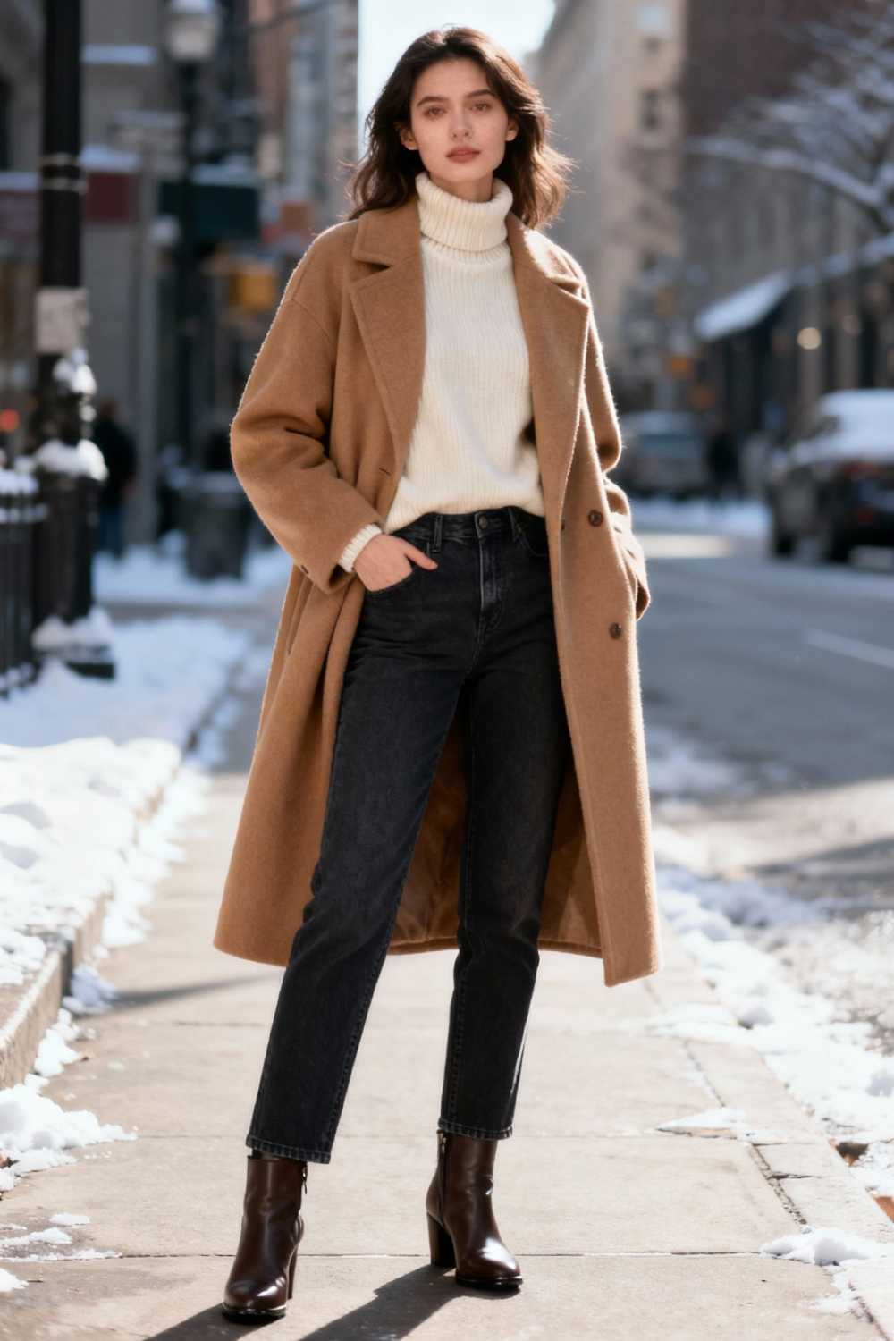 Young woman in camel wool coat, cream turtleneck, and jeans demonstrating classic winter style