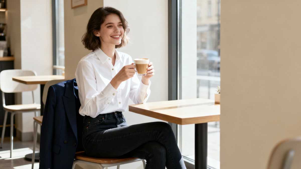Young woman in white button-down and jeans at coffee shop demonstrating simple elegant style
