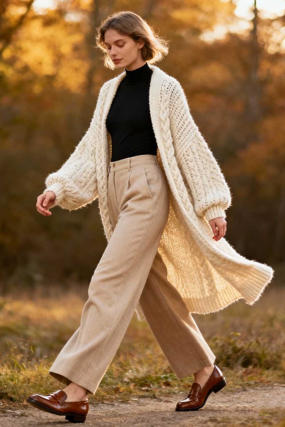 Model in oversized cream cardigan with black bodysuit and wide-leg pants walking in golden autumn light
